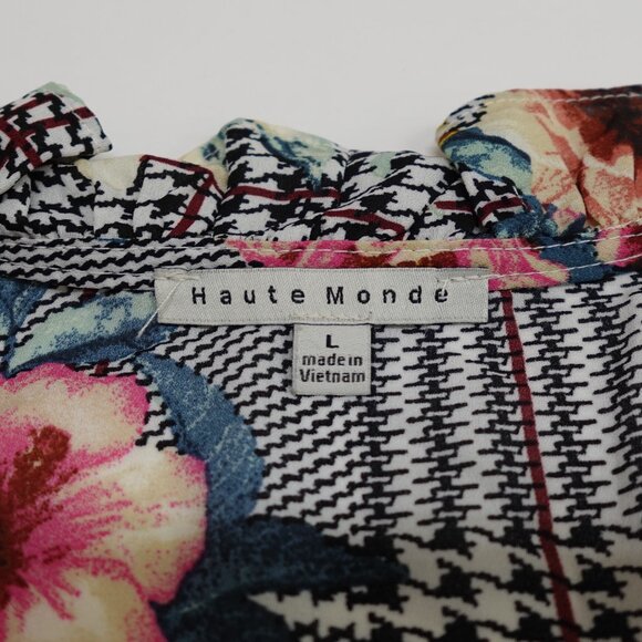Haute Monde Floral Ruffle Trim Black White Houndstooth Printed Top Size Large - Picture 6 of 9